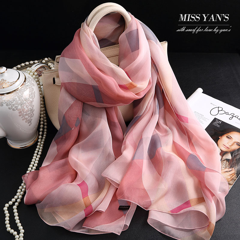 粉色斜纹格子真丝丝巾披肩女100%桑蚕丝长款薄围巾春秋冬夏季防晒