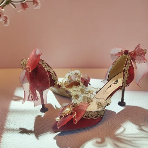 宫廷红色高跟鞋华丽花嫁手作秀禾