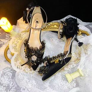 原创手作lolita黑色花嫁茶会玫瑰之约高跟鞋法式复古百搭lo鞋细跟