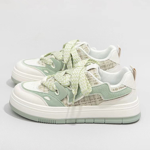 品牌原创女鞋薄荷绿小白鞋女2026新款秋季帆布鞋厚底配裙子板鞋