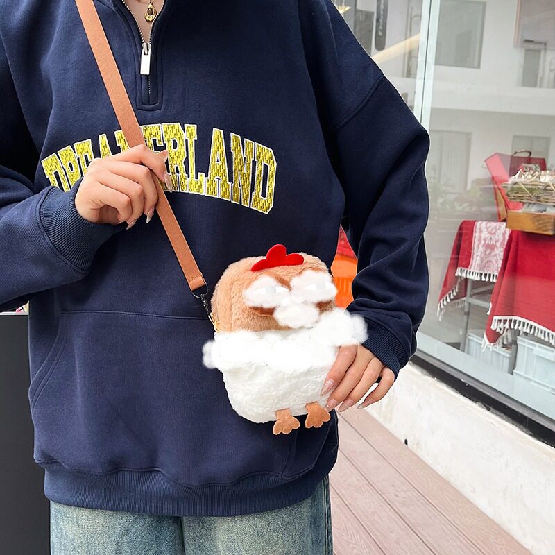 跨境搞怪咯咯小鸡斜挎包毛绒丑萌咕咕鸡手机包可爱单肩包网红爆款