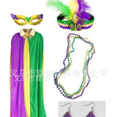 mardi gras狂欢节服装发饰品三色面具领结电镀珠链套装狂欢节派对