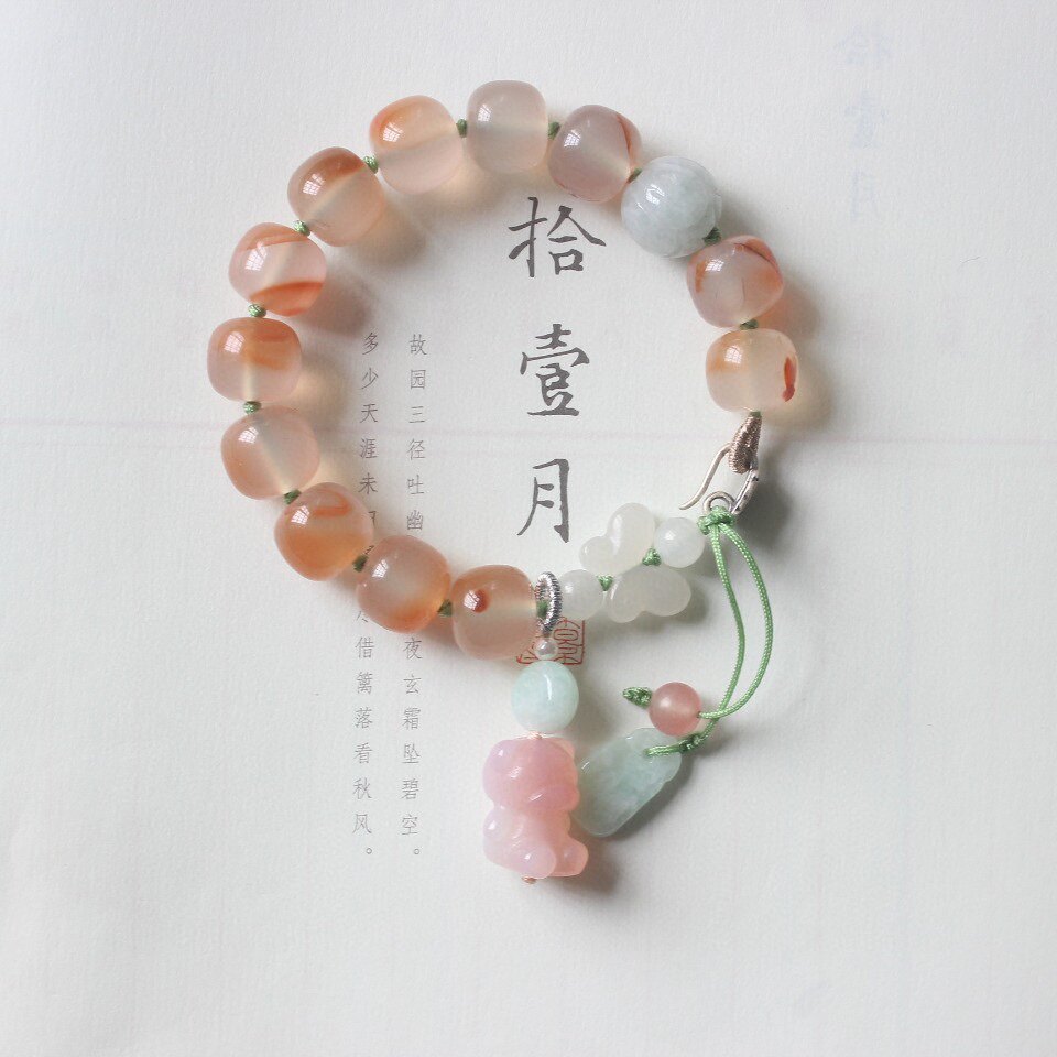 천연 얼음 떠 다니는 남부 붉은 팔찌 사천 소재 주황색 붉은 떠 다니는 꽃 남부 붉은 마노 마노 곰이있는 구식 구슬 팔찌