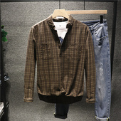 man港风日系复古轻熟风长袖 衬衫 男秋季 ins百搭款 纯棉格子外套