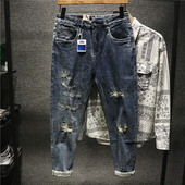 man西海岸美式 破洞补丁牛仔裤 男潮ins高街大码 宽松哈伦长裤 子