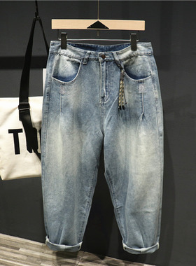Hi man美式浅蓝窄版直筒牛仔裤男士宽松锥形水洗做旧阔腿哈伦长裤