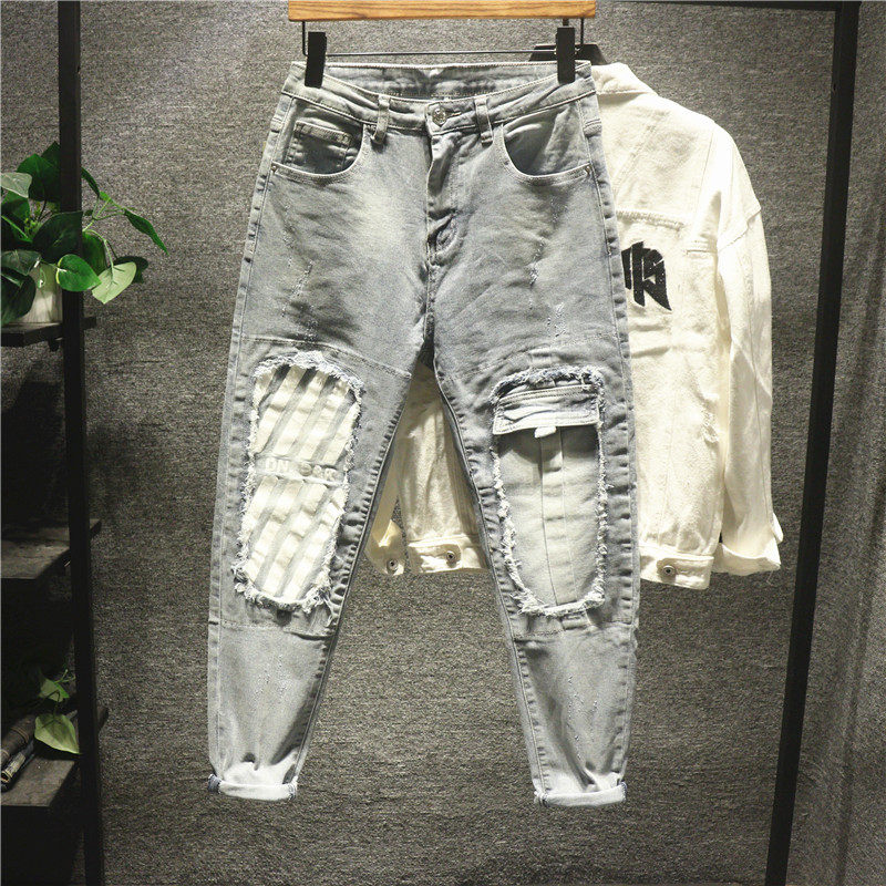 hi man日系复古膝盖大破洞补丁乞丐牛仔裤男士潮流帅气长款小脚裤