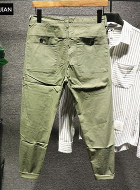 Hi man面料超好穿高级军绿色净版休闲裤男韩版潮流雅痞修身九分裤