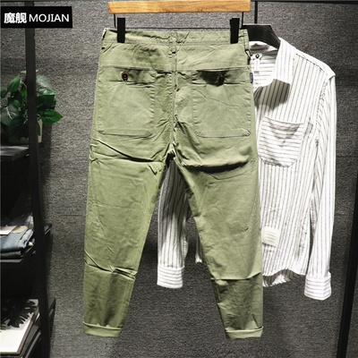 Hi man面料超好穿高级军绿色净版休闲裤男韩版潮流雅痞修身九分裤