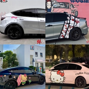 特斯拉焕新3 KT猫小鹏M03凯蒂猫卡通车身定制贴纸 Y车贴拉花SU7