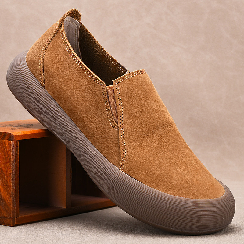 男士休闲宽头皮鞋磨砂真皮透气男鞋百搭软底单层牛皮一脚蹬懒人鞋