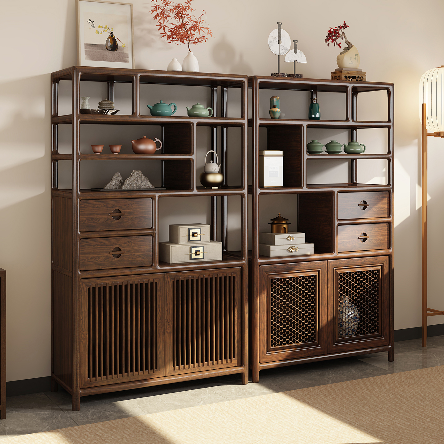 新中式博古架乌金木多宝阁置物架实木矮柜茶室边柜茶叶展示柜茶柜
