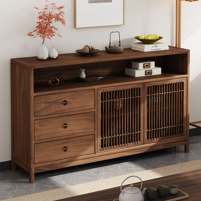 北美黑胡桃木餐边茶水柜隔断实木玄关柜新中式餐厅储物酒柜博古架