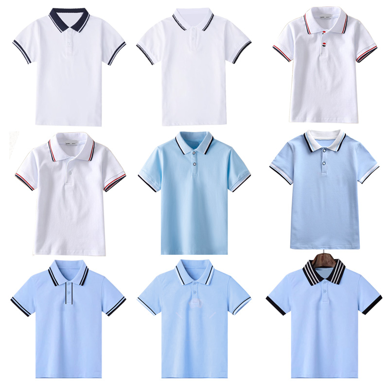 夏季短袖校服男女童白色纯棉polo衫中小学生浅蓝色班服毕业演出服