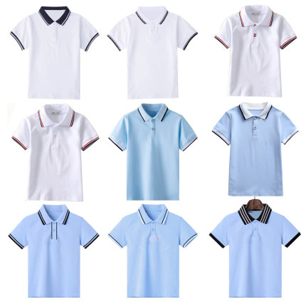 夏季短袖校服男女童白色纯棉polo衫中小学生浅蓝色班服军训开学