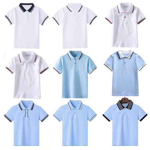 夏季短袖校服男女童白色纯棉polo衫中小学生浅蓝色班服军训开学