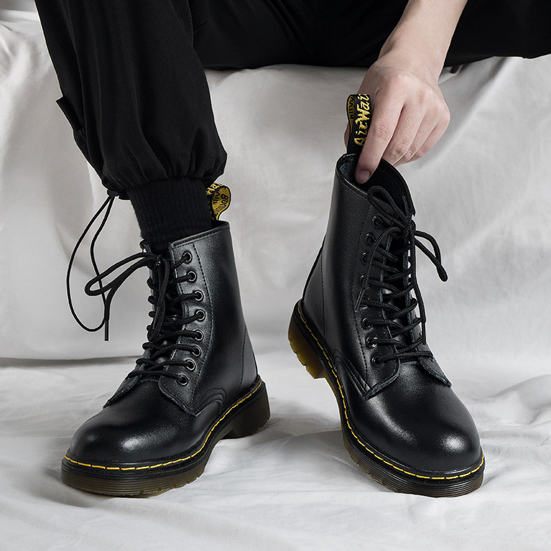 真皮马丁靴男高帮英伦风百搭增高韩版皮靴冬季工装黑色机车潮男靴