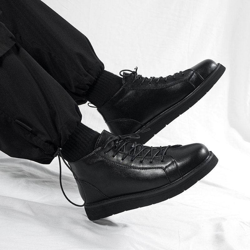 英伦风黑色马丁靴男款中帮真皮工装靴黑色高帮皮鞋冬季增高短靴子