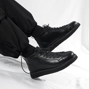 英伦风黑色马丁靴男款中帮真皮工装靴黑色高帮皮鞋冬季增高短靴子