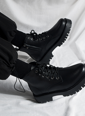 侧拉链马丁靴男高帮英伦风真皮黑色工装机车靴冬季增高中帮短靴子