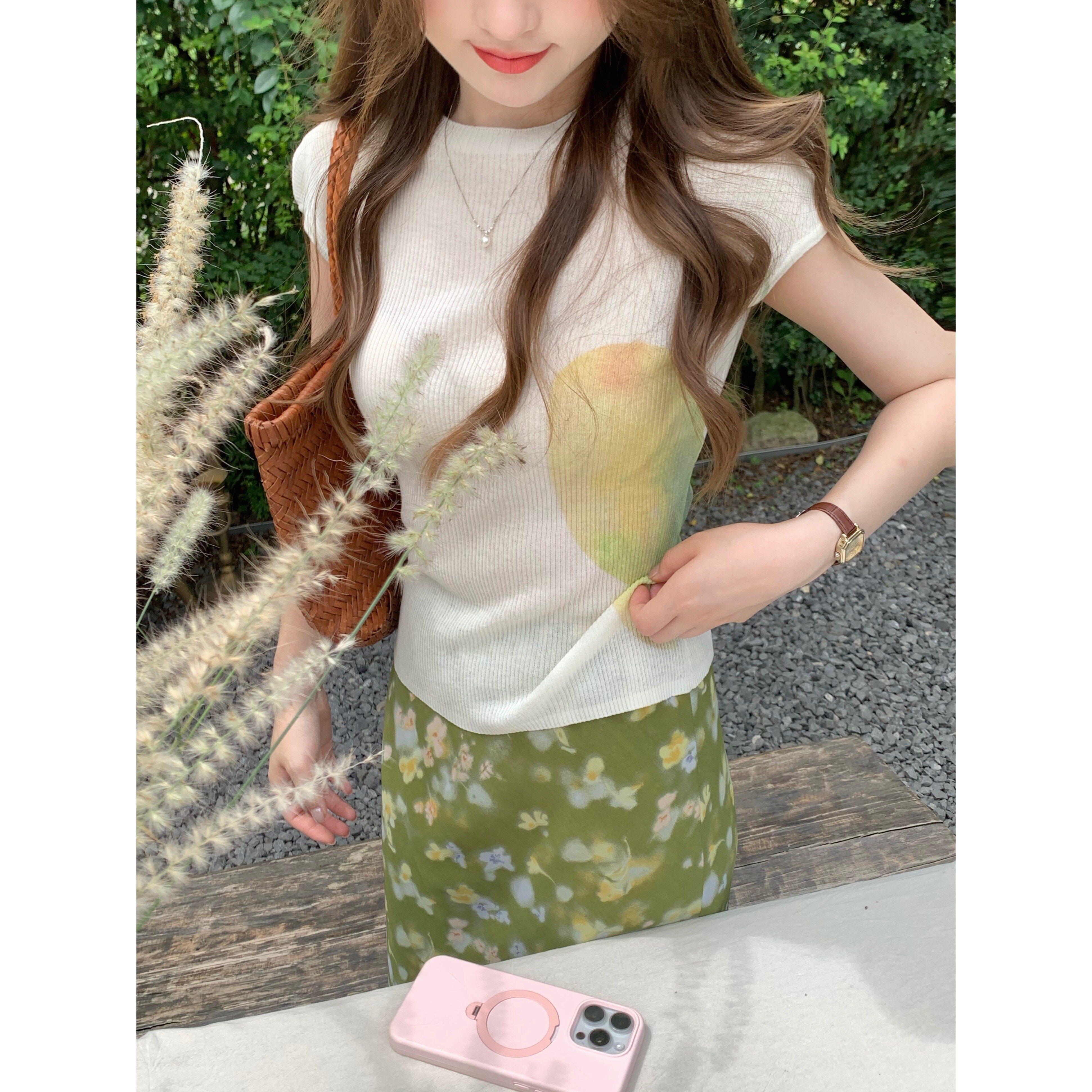 张羞羞 Butterfly/莱赛尔天丝亚麻蝴蝶印花针织凉感短袖T恤夏季