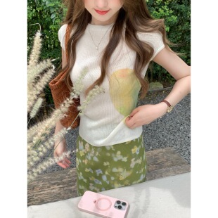 张羞羞 Butterfly/莱赛尔天丝亚麻蝴蝶印花针织凉感短袖T恤夏季