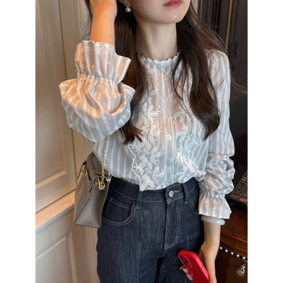 张羞羞通勤韩系条纹花边衬衫