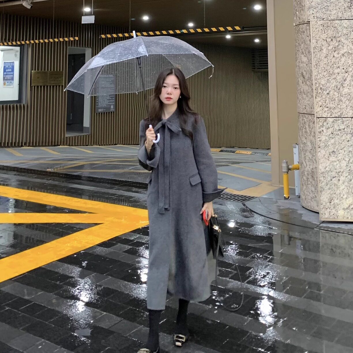 【秋季清仓 只换不退】张羞羞 蝴蝶结绑带全羊毛毛呢大衣外套