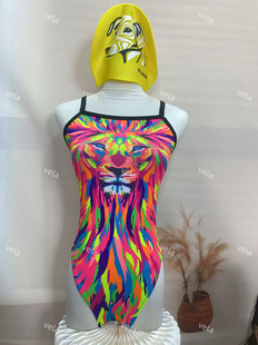 vela定制彩狮子显瘦竞速泳衣连体三角款中高叉双层不带垫