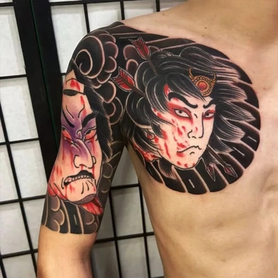 半甲花木兰日式生首网红防水仿真纹身贴不反光可水洗逼真刺青半甲