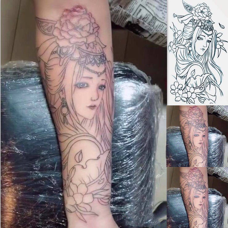 割线般若线条刺青色艺妓花臂纹身贴锦鲤貂蝉艺伎纹身防水持久逼真