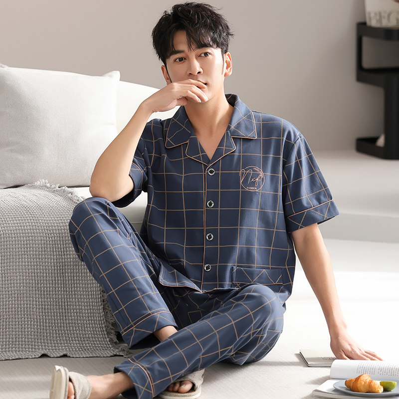芬腾睡衣男夏季纯棉短袖长裤男士薄款夏天大码半袖男款家居服套装
