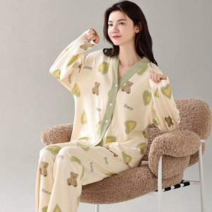 芬腾睡衣女春秋季纯棉长袖开衫V领宽松甜美卡通家居服套装可外穿