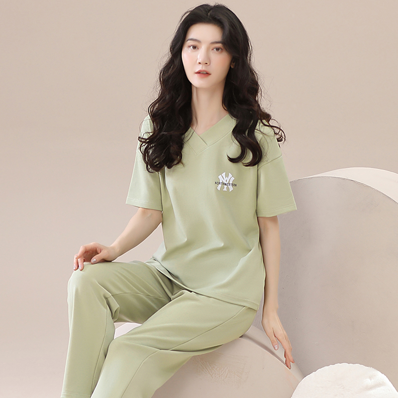 芬腾睡衣女士夏季纯棉短袖长裤薄款纯色可外穿休闲全棉家居服套装