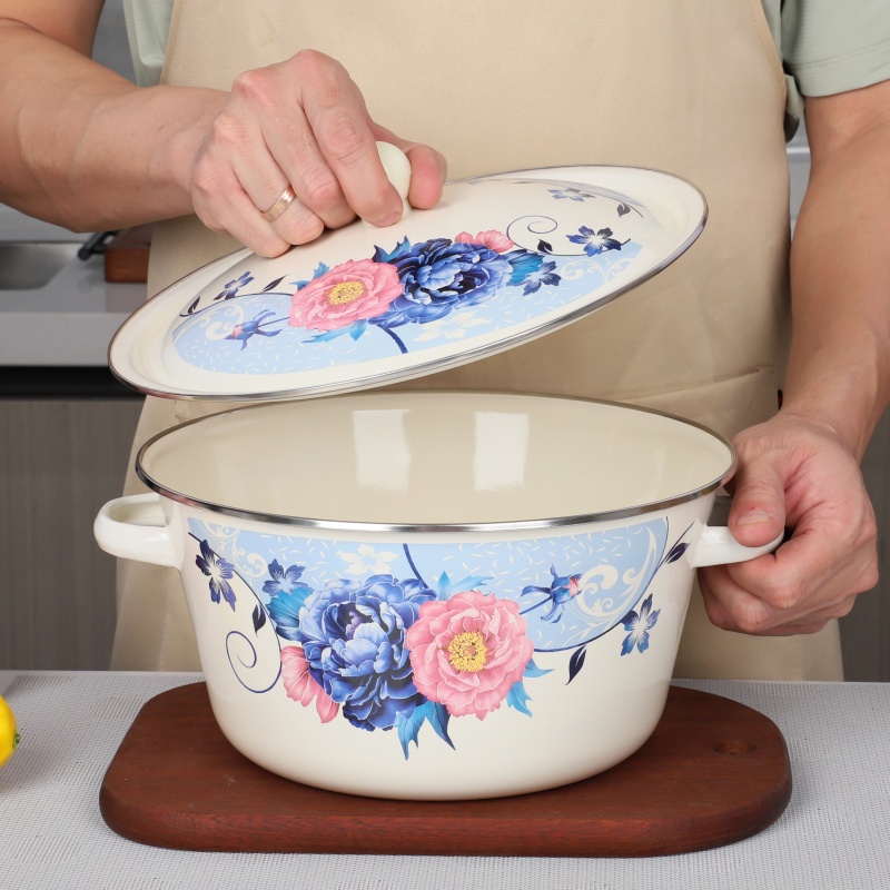 加厚双耳盆搪瓷盖珐琅搪瓷盆汤锅