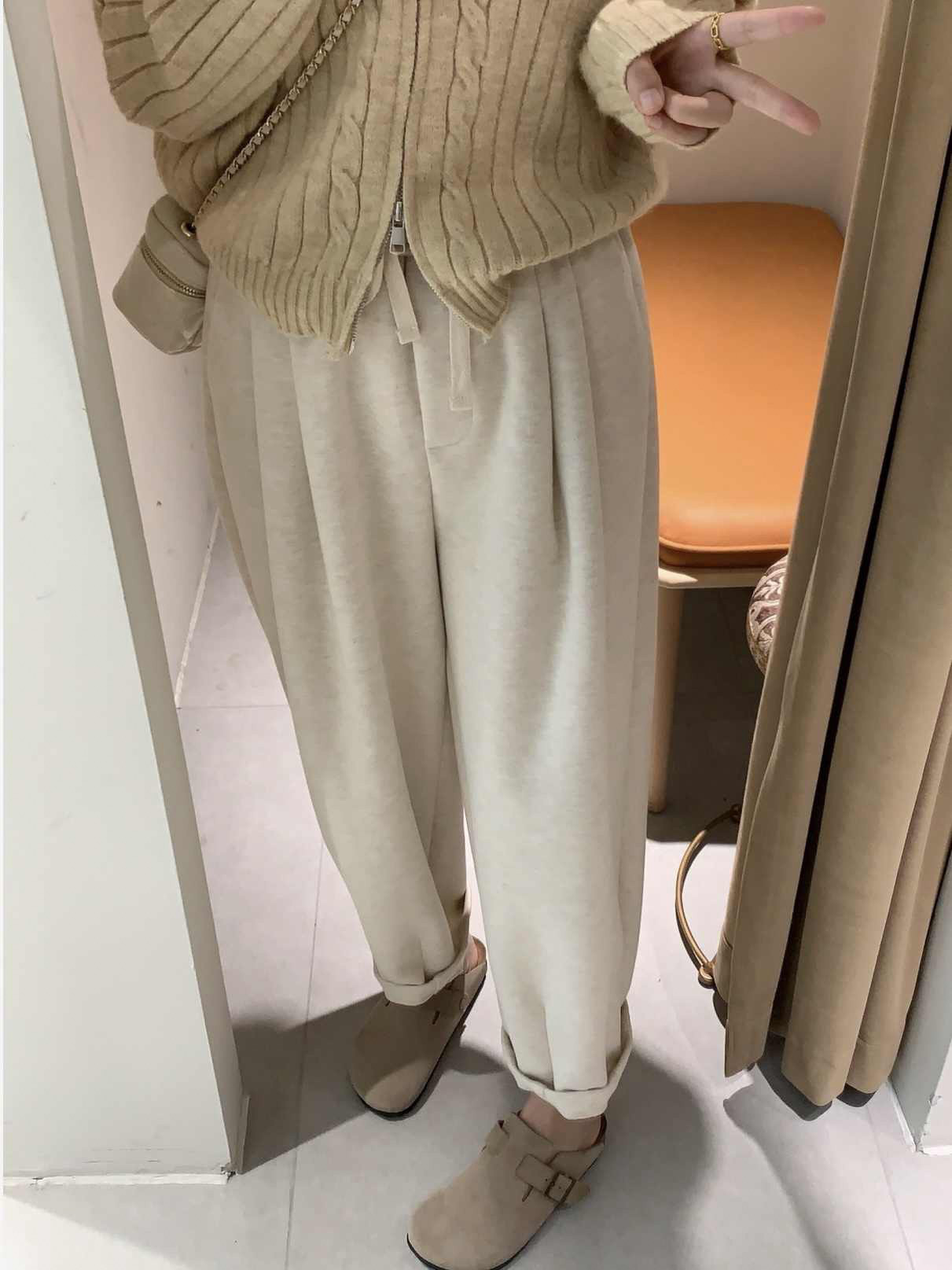 韩系抽绳香蕉奶奶裤女冬新品松紧腰显瘦九分萝卜裤休闲裤毛呢卫裤