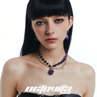 OCTO VITA紫薇星原创设计项链 黑紫水晶石坠拼接星芒哥特风锁骨链