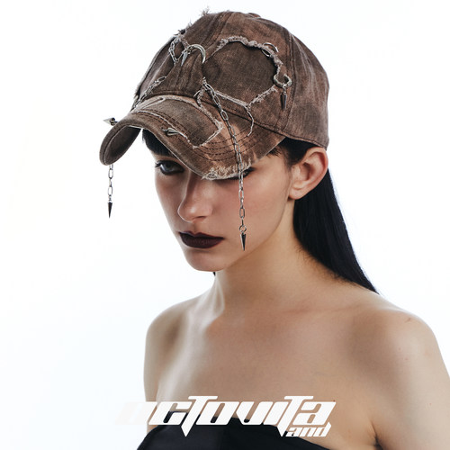 OCTO VITA浅褐色牛仔帽子朋克辣妹破坏复古流苏废土风铆钉鸭舌帽