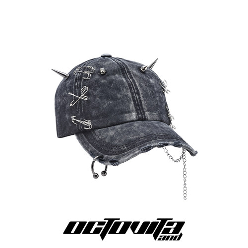 OCTO VITAremakey2k废土风铆钉圆环牛仔破洞做旧回形针棒球帽