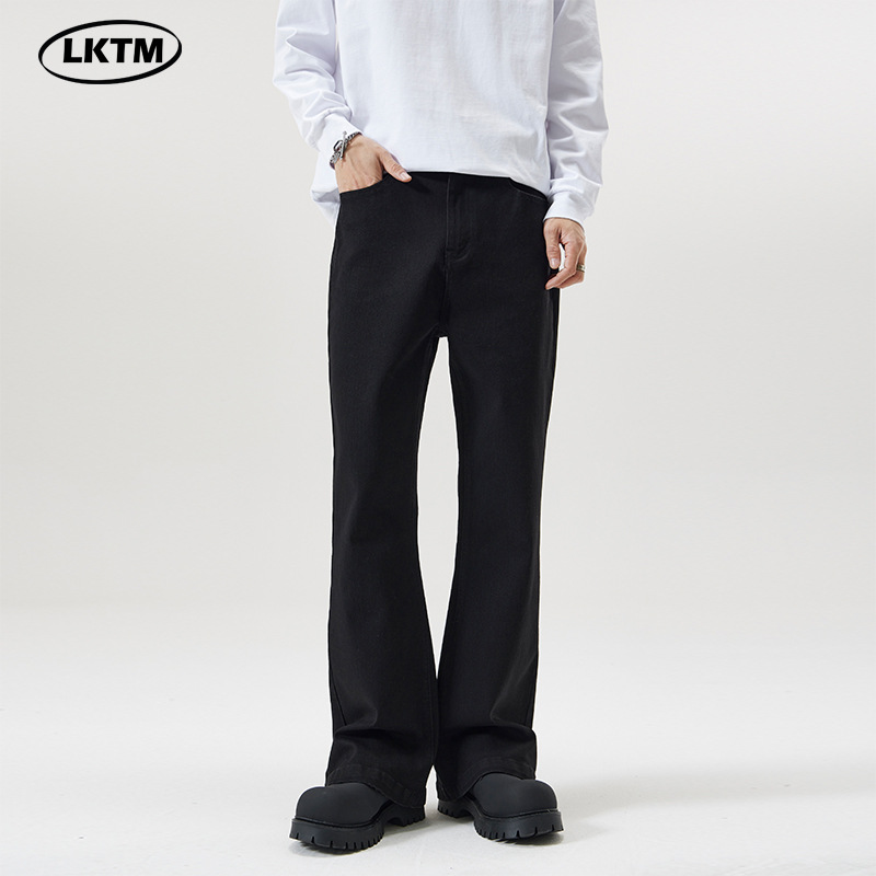 LKTM男装#美式高街黑色弯刀微喇牛仔裤男女高级感潮牌拖地长裤子