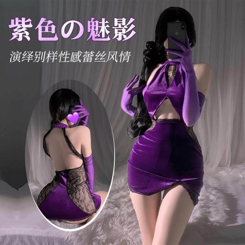 Sense紫色韵味性感居家睡裙开叉包臀裙娇韵嫣紫丝绒纯欲风睡裙女