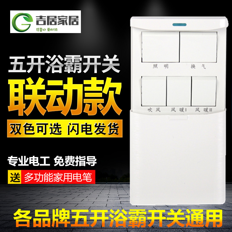 家用浴室卫生间风暖联动专用五开浴霸开关5开带下滑盖16A防水面板