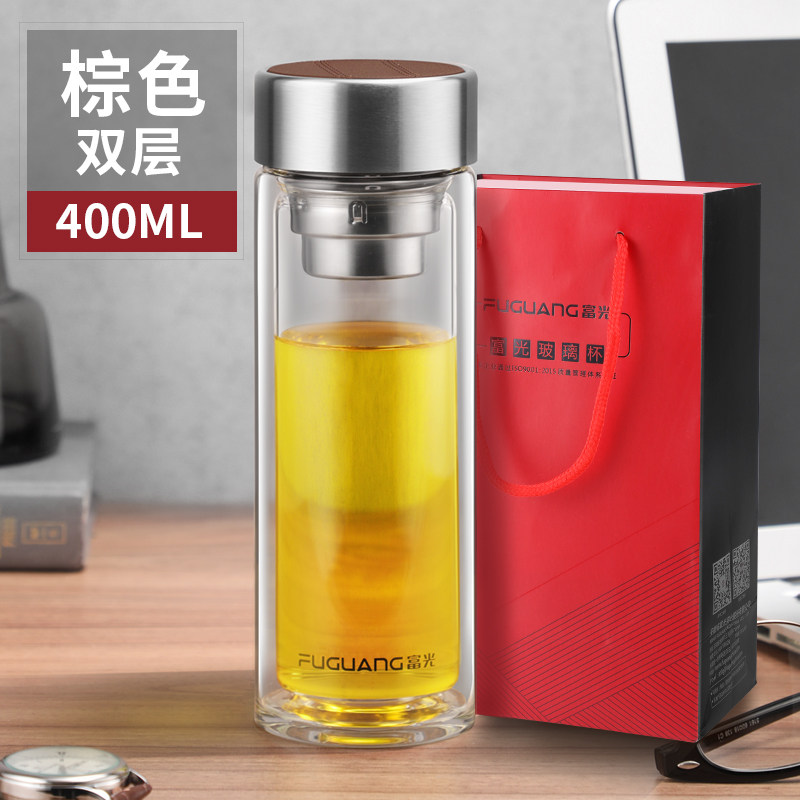 富光双层大容量玻璃杯便携男女商务家用带盖泡茶杯水杯子刻字定制