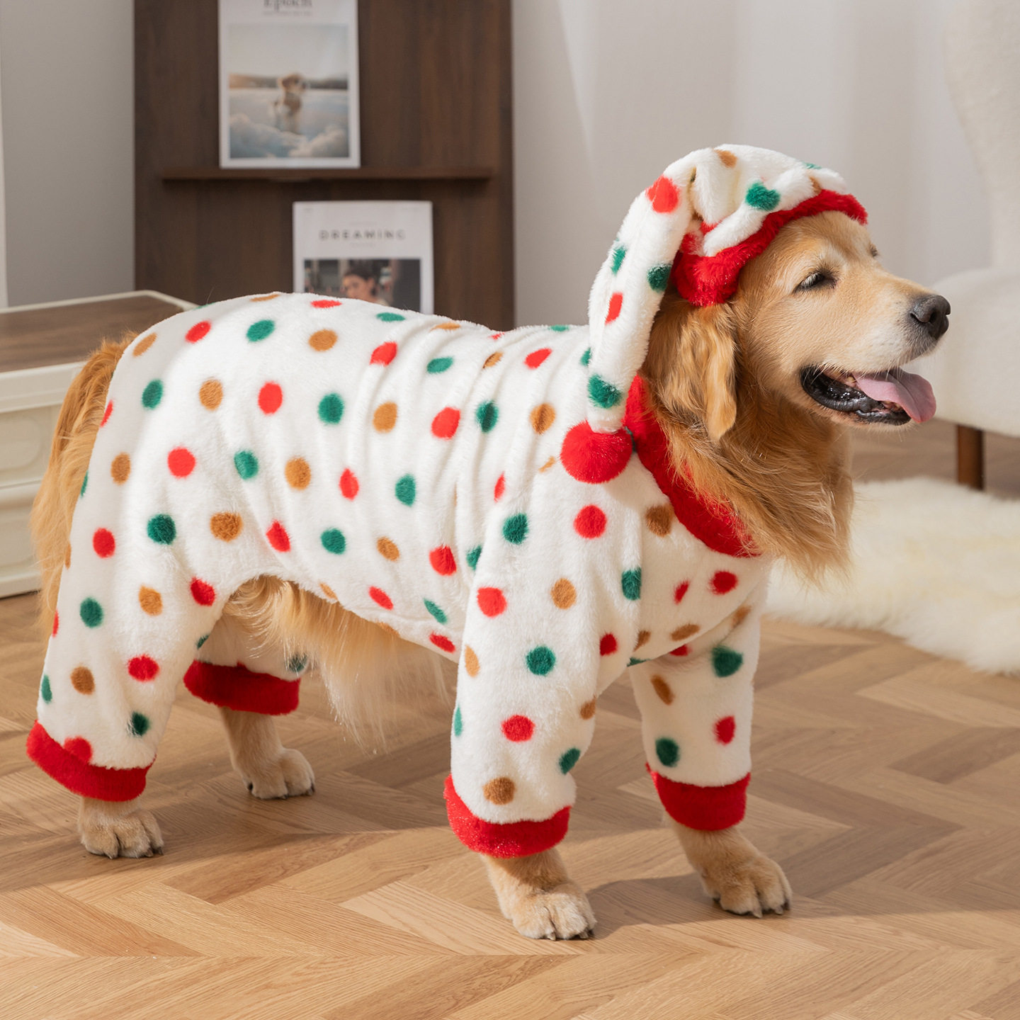 狗狗衣服秋冬季波点印花保暖睡衣狗宠物服装/雨衣