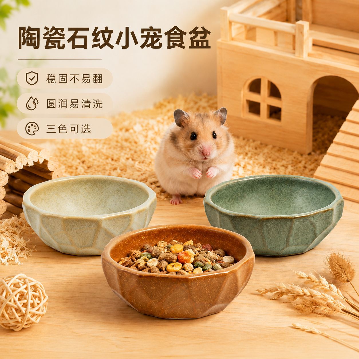 简约石纹小宠食盆陶瓷仓鼠碗金丝熊花枝鼠鹦鹉食盆防翻水碗批发