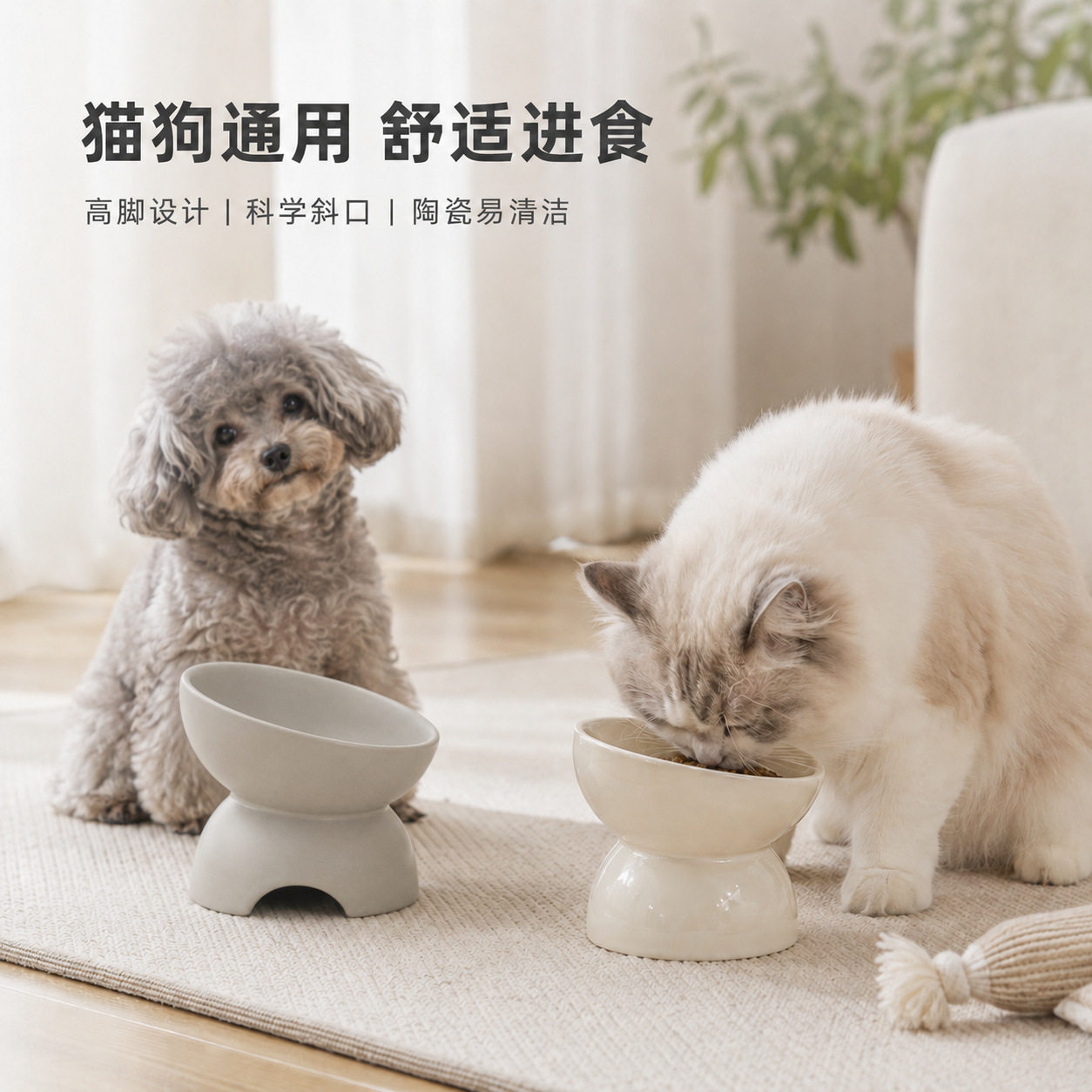 简约纯色高脚斜口碗陶瓷宠物碗防打翻猫碗狗碗护颈水碗猫粮碗批发