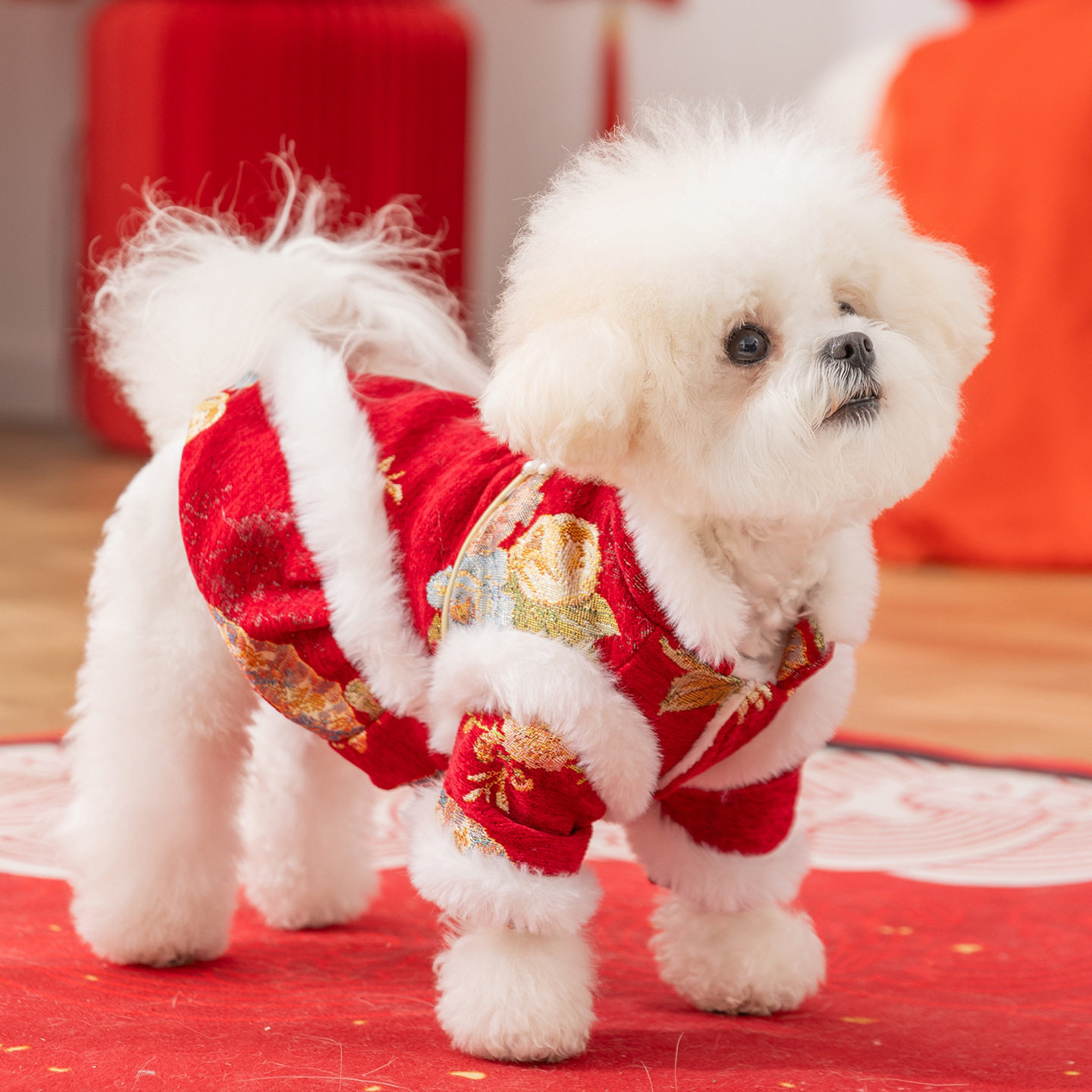 狗狗秋冬富贵花开新年盘扣马甲中小型犬泰迪比熊两脚保暖宠物衣服
