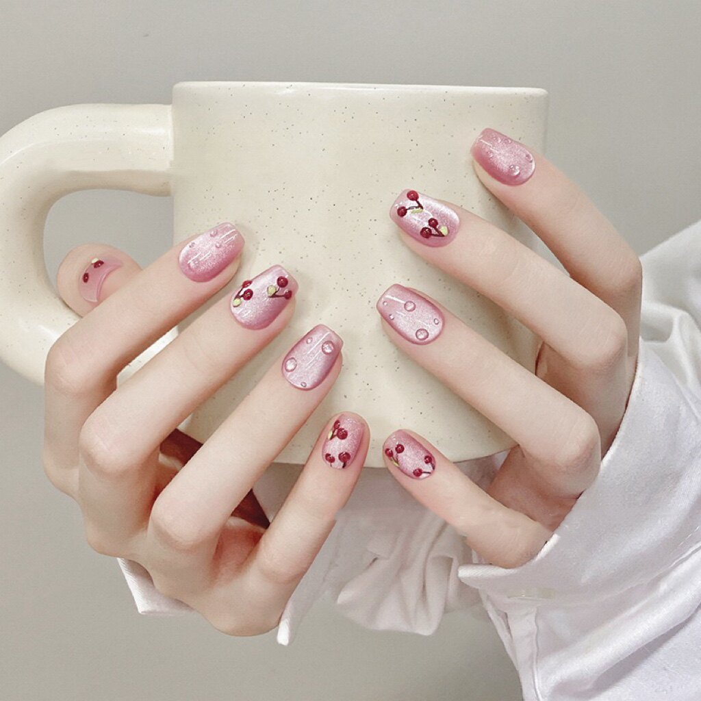 浪妞精选纯手工穿戴甲春季猫眼立体樱桃美甲粉嫩显白纯欲短款甲片