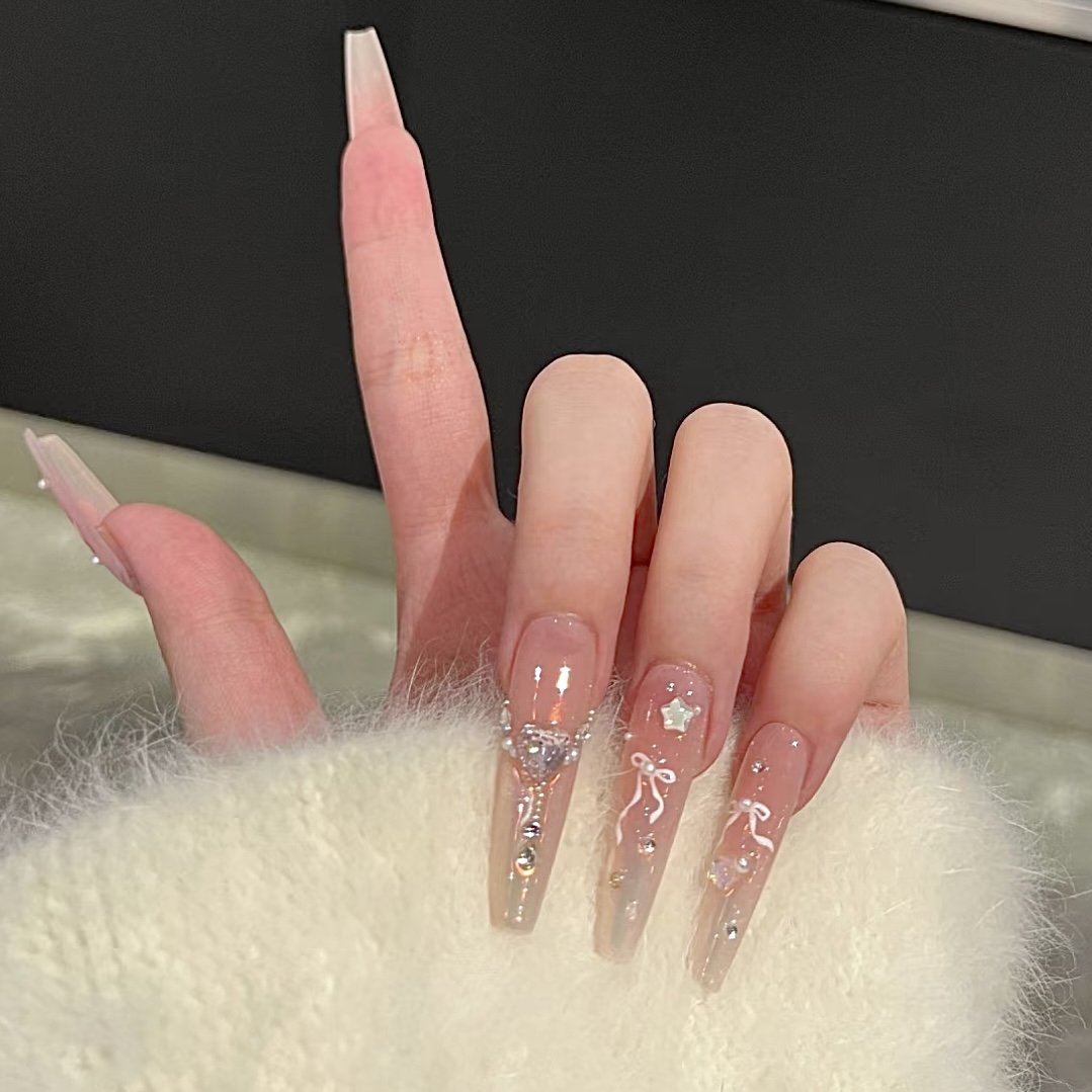 浪妞极光浪漫纯手工穿戴甲贴法式纯欲粉色少女爱心钻蝴蝶结美甲片