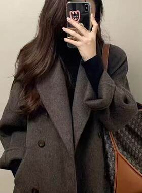 摩卡棕双面羊绒大衣女2024新款中长款韩系慵懒毛呢宽松毛呢外套
